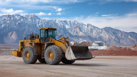 Large wheel loader transporting gold ore through open field to processing plantの素材