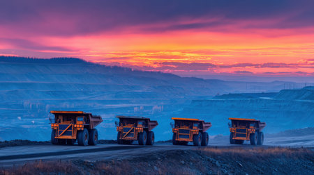Group of giant dump trucks lined up at sunrise on edge of open mineの素材