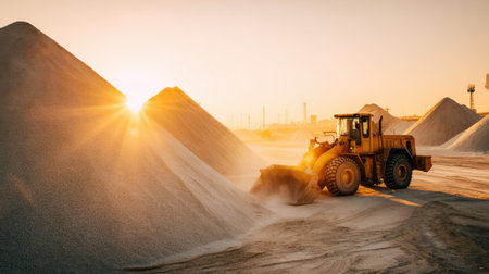 Front-end loader moving piles of gravel under bright sunlightの素材