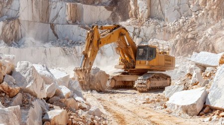 Heavy-duty machinery working near rock face in limestone extraction zoneの素材