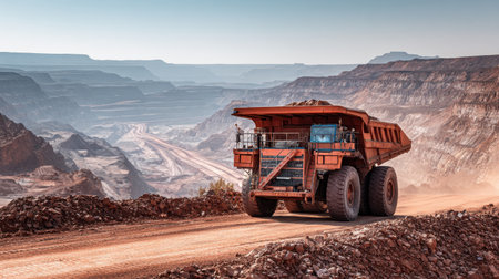 Haul truck crossing elevated road at lithium extraction facility in desert landscapeの素材