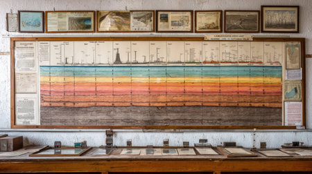 Geological cross-section chart pinned on board at mining engineering field stationの素材