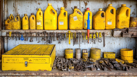 Machinery maintenance station at mining site with tools, parts, and oil containersの素材