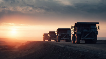 Group of giant dump trucks lined up at sunrise on edge of open mineの素材