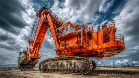 Massive excavator digging into earth at a coal mining operation under cloudy skiesの素材