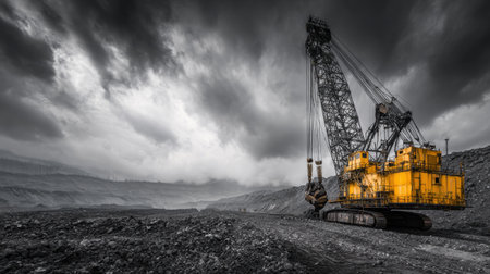Massive excavator digging into earth at a coal mining operation under cloudy skiesの素材