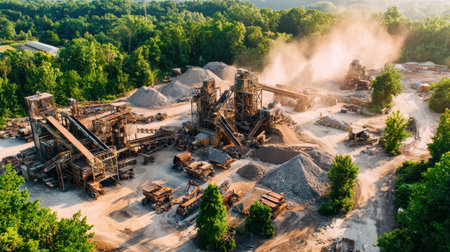 Industrial site with crushers, screens, and conveyor systems surrounded by dustの素材
