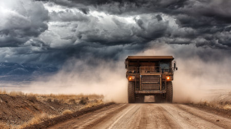Massive dump truck carrying coal on dusty road under cloudy skyの素材