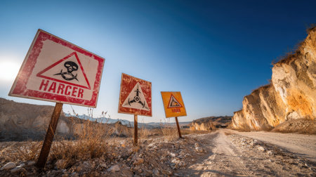 Hazard warning signs near deep excavation pit in active mining zoneの素材