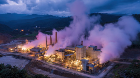 Industrial-scale gold refinery with steam rising and lights glowing at duskの素材