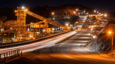 Night operation at gold mine showing trucks, conveyor belts, and bright floodlightsの素材