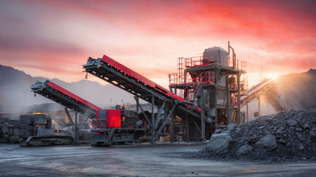 Mobile crusher processing rocks and feeding them into a conveyor systemの素材