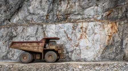Mining truck reversing into position beside rock face for material loadingの素材