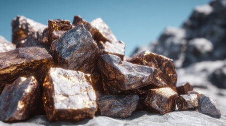 Pile of gold-rich ore rocks glowing under natural sunlight near mining siteの素材