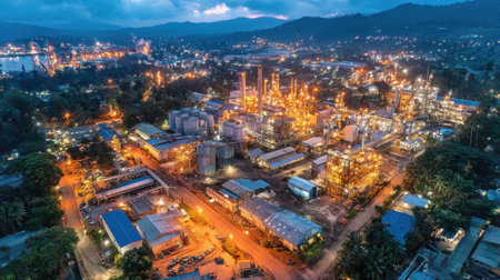 Night view of gold mine with industrial lights illuminating ore processing plantの素材