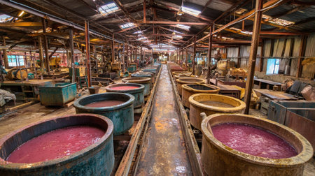 Processing room at gold mine with large tanks for ore leaching and chemical mixingの素材