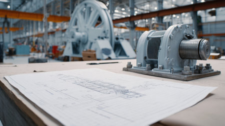 Mine hoist mechanical drawing pinned beside motor unit in service bayの素材