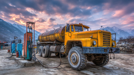 Mining dump truck being refueled at station with industrial tanks and hosesの素材