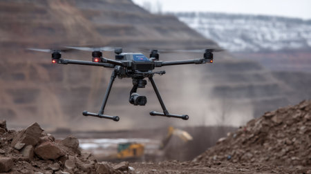 Mining drone surveying terrain during mineral extraction planning operationの素材