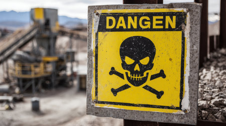 Noise hazard warning sign posted near crusher equipment at mineral plantの素材