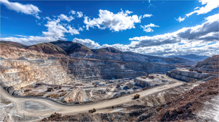 Open-pit mine with visible geological strata, steep ramps, and heavy truck activityの素材