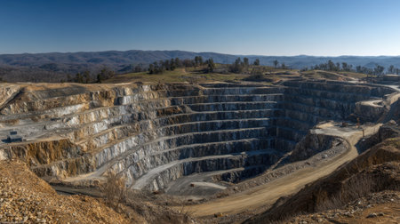 Terraced gold mining pit with visible quartz veins across exposed rock faceの素材