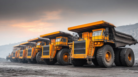 Row of heavy-duty dump trucks lined up at base of an open-pit mineの素材