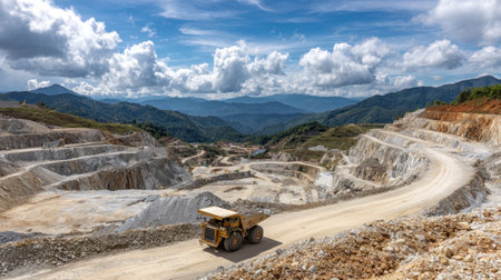 Open-pit gold mine with haul truck moving between terraces of exposed rockの素材