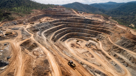 Open-pit gold mine with multiple levels, mining roads, and active machineryの素材