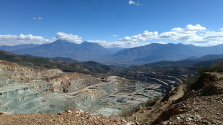 Terraced landscape of open-pit mine with visible geological layers and haul roadsの素材