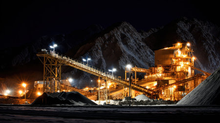 Night view of gold mine with industrial lights illuminating ore processing plantの素材