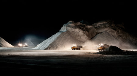 Nighttime mineral extraction site illuminated by floodlights and operating equipmentの素材