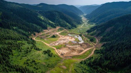 Remote coal mining basin surrounded by dirt roads and forested hillsの素材