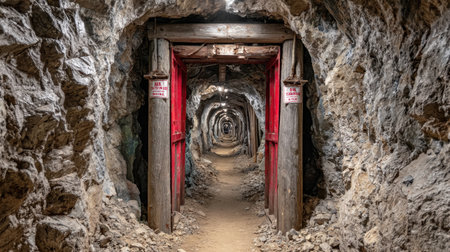 Underground mine tunnel with reflective warning tape and low clearance signageの素材