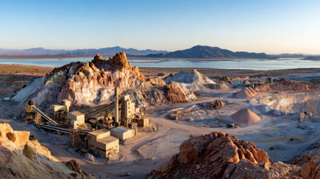 Remote desert mining site with long conveyor belts and exposed rock layersの素材