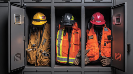Safety equipment storage locker with helmets, gloves, and high-visibility vestsの素材
