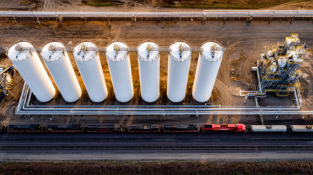 Tall coal silos surrounded by delivery infrastructure and processing pipesの素材
