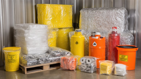 Spill kit and absorbent materials placed beside chemical storage areaの素材