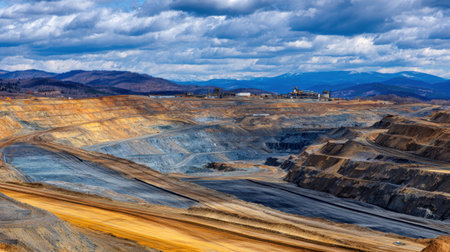 Wide shot of mineral extraction area with distant processing facility on horizonの素材