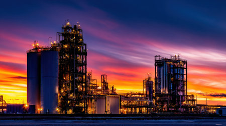 Silhouette of mining infrastructure during dusk with dramatic sky and glowing lightsの素材