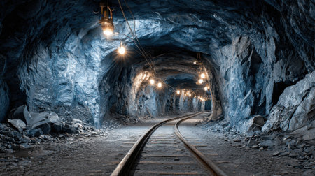Underground mining tunnel with rail tracks, support beams, and industrial lightingの素材