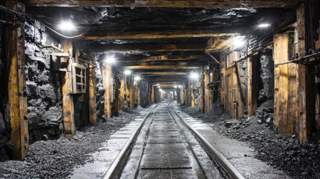 Underground coal mining tunnel with metal supports, rails, and dim lightingの素材