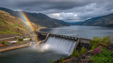 Hydropower dam spillway releasing water with rainbow forming in sprayの素材
