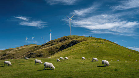 Green meadow with wind turbines and sheep grazing under sunny skiesの素材