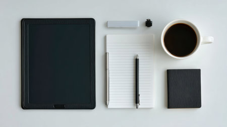 Tablet and notepad arranged for business flat lay on white backgroundの素材