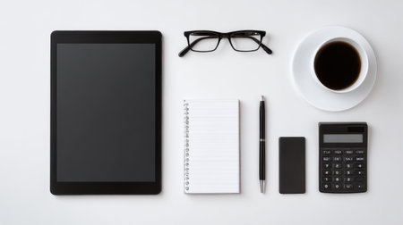 Tablet and notepad arranged for business flat lay on white backgroundの素材