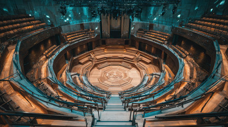 Clean geometric lines of balcony seating wrapping around modern stage in symmetryの素材