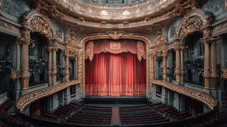 Aerial view of stage with closed red curtains framed by golden decorative archの素材