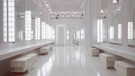 Clean backstage corridor with bright white walls in modern theater designの素材