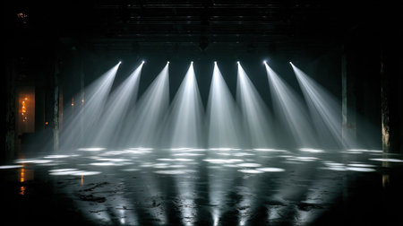 Bright stage spotlights casting beams through stage fog in empty theaterの素材